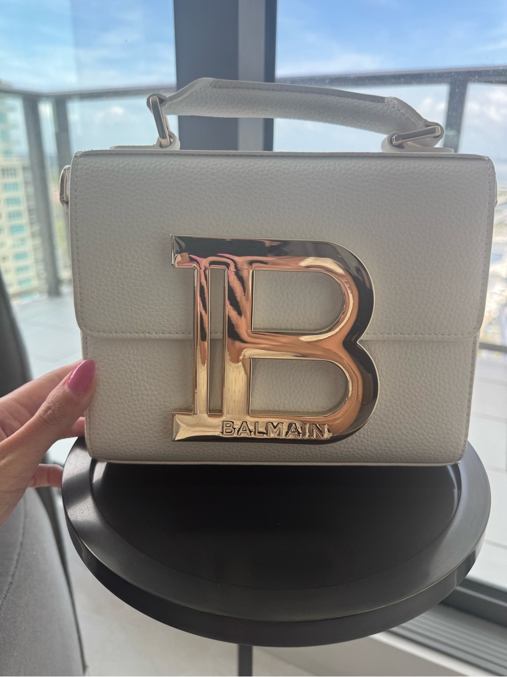 Balmain White Leather Top-Handle or long strap Bag with Gold 'B' Logo